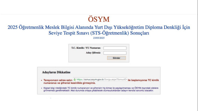 2025 Öğretmenlik Meslek Bilgisi Alanında Yurt Dışı Yükseköğretim Diploma Denkliği İçin Seviye Tespit Sınavı (STS-Öğretmenlik) Sonuçları