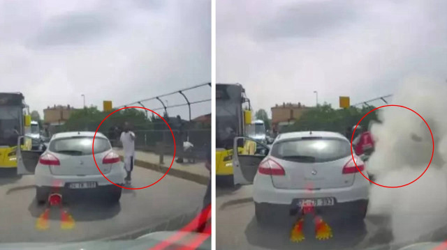 İstanbul Ataşehir'de yaşanan ilginç olay sosyal medyanın gündemine oturdu. Bir kişi, trafikte tartıştığı otomobil sürücüsünün üzerine bıçakla yürüdü. Karşısındaki sürücü ise saldırıdan yangın tüpü sıkarak kurtuldu. O anlar araç iç kamerasına yansıdı.