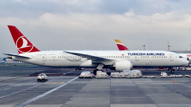 Un avion Boeing 787 Dream Liner de Turkish airlines attend à la porte d'embarquement de l'aéroport international Benito Juarez de Mexico.