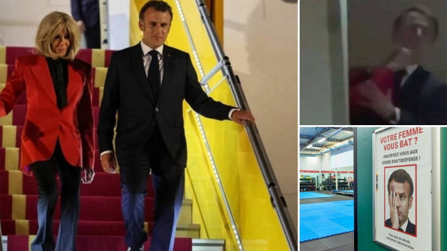 Macron’un görselinin yer aldığı afişte, “Karınız sizi dövüyor mu? Kendini savunma derslerimize katılın!” ifadeleri yer aldı.