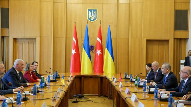 Turkish Foreign Minister Hakan Fidan (2nd R) and Ukrainian Foreign Minister Andriy Sybiha (2nd L) hold an inter-delegation meeting in Kyiv, Ukraine on May 30, 2025.