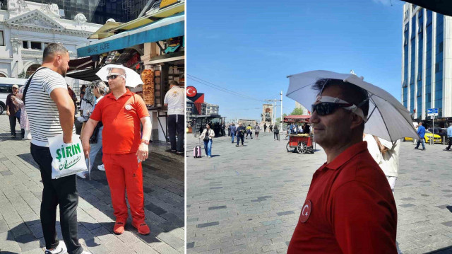 Taksim'de gezen yerli ve yabancı turistlerle esnaf sıcaktan korunmak için farklı çözüm yolları buldu.