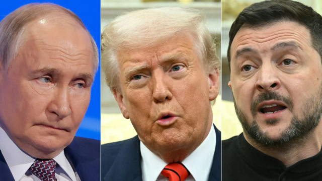 Cette combinaison d'images créées le 18 mars 2025 montre, de gauche à droite, le président russe Vladimir Poutine à Moscou le 18 mars 2025 et le président américain Donald Trump dans le bureau ovale de la Maison Blanche le 13 mars 2025, ainsi que le président ukrainien Volodymyr Zelensky dans le bureau ovale de la Maison Blanche à Washington, DC, le 28 février 2025.