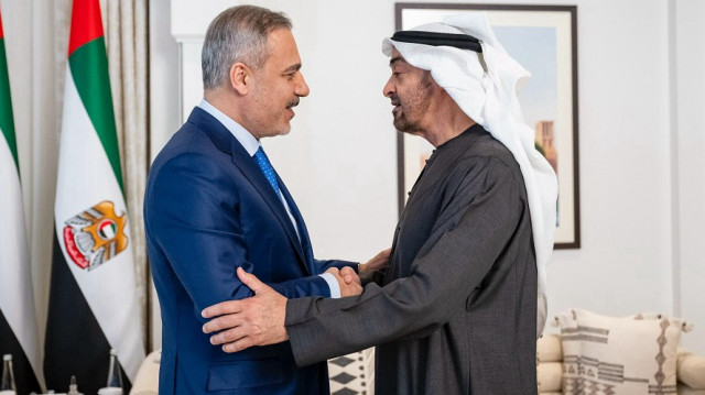 Turkish Foreign Minister Hakan Fidan (L) is being received by President of the United Arab Emirates (UAE) Mohammed bin Zayed Al Nahyan (R) in Abu Dhabi, United Arab Emirates on May 05, 2025.