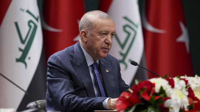 Turkish President Recep Tayyip Erdogan makes a speech as he holds a joint press conference with Iraqi Prime Minister Mohammed Shia' Al-Sudani (not seen) following their meeting at the Presidential Complex in Ankara, Turkiye on May 08, 2025. Turkiye and Iraq signed agreements following the joint press conference. (AA)