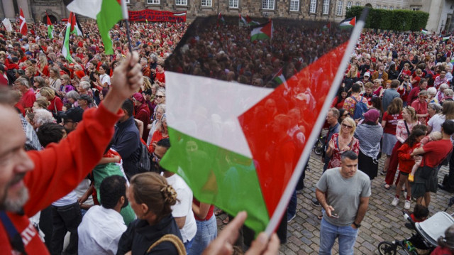 Le drapeau palestinien lors d' une manifestation pour Gaza à Copenhague, au Danemark, le 18 juin 2025.