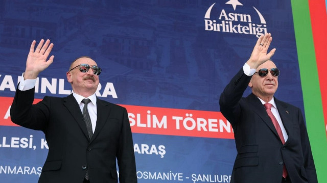 Turkish President Recep Tayyip Erdogan and Azerbaijani President Ilham Aliyev attend the key handover ceremony of newly constructed earthquake housing in Kahramanmaras, Türkiye on June 19, 2025.