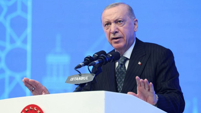Turkish President Recep Tayyip Erdogan gives a speech during the Organization of Islamic Cooperation Youth Forum at Halic University Congress Hall in Istanbul, Türkiye on June 20, 2025.