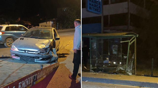 Savrulan motosiklet sürücüsü yol kenarındaki toplu ulaşım durağına çarptı.