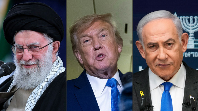 Cette combinaison d'images créée le 18 juin 2025 montre (de gauche à droite) une photo diffusée par le site officiel du guide suprême iranien, l'ayatollah Ali Khamenei, le 12 mars 2025, le représentant lors d'une réunion avec des étudiants iraniens à Téhéran ; le président américain Donald Trump s'adressant à des journalistes au sujet du sommet du G7 à bord d'Air Force One lors de son voyage de retour à Washington depuis le Canada le 16 juin 2025 ; et le Premier ministre israélien Benjamin Netanyahou donnant une conférence de presse à Jérusalem le 2 septembre 2024. Le 18 juin, le guide suprême de l'Iran a qualifié d'"inacceptable" un ultimatum du président américain Donald Trump appelant à la "reddition inconditionnelle" du pays. Le secrétaire général de l'ONU Antonio Guterres réagit alors qu'il s'adresse au public lors d'une conférence de presse au deuxième jour de la Conférence des Nations Unies sur les océans (UNOC3), dans la ville de Nice, sur la Côte d'Azur, le 10 juin 2025. Le 9 juin 2025, les dirigeants mondiaux ont appelé à l'adoption de règles strictes pour régir l'exploitation minière en eaux profondes et ont mis en garde contre la course à l'exploitation des fonds marins, dans une réprimande à peine voilée du président des États-Unis.