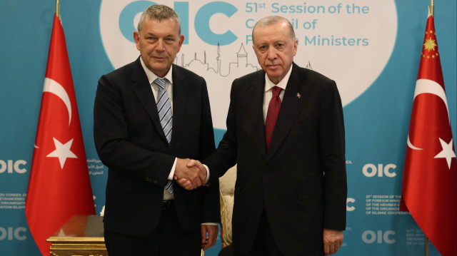 Turkish President Recep Tayyip Erdogan meets with the UNRWA Commissioner-General Philippe Lazzarini within the 51st Meeting of the Council of Foreign Ministers of the Organization of Islamic Cooperation (OIC), which is convened under the theme, “The OIC in a Transforming World” at Lutfi Kirdar International Convention and Exhibition Center in Istanbul, Turkiye, on June 21, 2025.(AA)