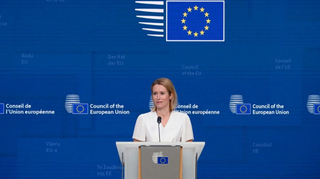 La Haute représentante de l'Union européenne pour les affaires étrangères et la politique de sécurité, Kaja Kallas, donne une conférence de presse à l'issue d'une vidéoconférence informelle des ministres des Affaires étrangères de l'UE sur la situation au Moyen-Orient, à Bruxelles, le 17 juin 2025.