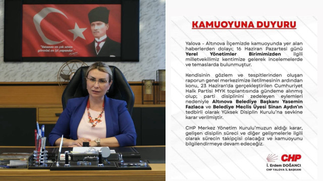 Altınova Belediye Başkanı Yasemin Fazlaca yaptığı açıklamada üyesi olduğu Cumhuriyet Partisi'nden istifa ettiğini duyurdu.