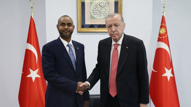 Turkish President Recep Tayyip Erdogan shakes hands with Abdulkadir Muhammed Nur, Minister of Ports and Maritime Transportation of the Federal Republic of Somalia in Istanbul, Türkiye, on June 24, 2025.