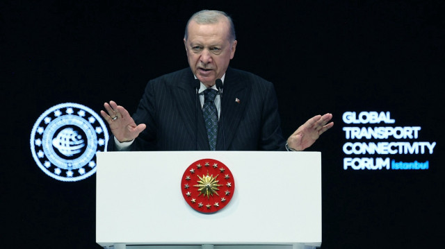 Turkish President Recep Tayyip Erdogan makes a speech during the Global Transport Connectivity Forum in Istanbul, Türkiye on June 27, 2025.