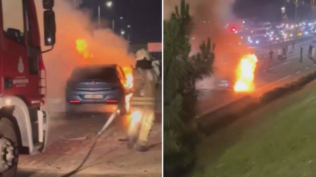 Okmeydanı-Nurtepe bağlantı yolunda aracın bariyerlere çarpması sonucunda motorda yangın çıkmasıyla, araç alevler içinde kaldı
