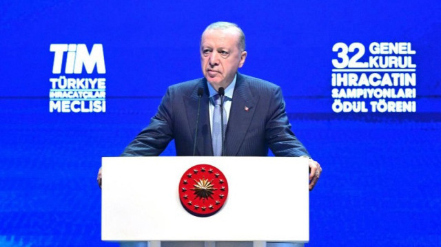 Turkish President Recep Tayyip Erdogan delivers remarks during the 32nd Ordinary General Assembly of Turkiye Exporters Assembly and Export Champions Award Ceremony at Halic Congress Center in Istanbul, Türkiye on June 30, 2025.