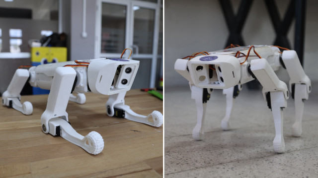 Öğrencilerin 4 ayak üzerine kurulu şekilde tasarladığı robot köpek, kullanıcının söylediği cümleleri kendi komut listesinden seçerek anlayıp uygulayabiliyor.
