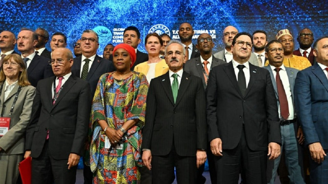 Turkish Minister of Transport and Infrastructure Abdulkadir Uraloglu poses for a group photo with participants at the conclusion of the Global Transport Corridors Forum at Istanbul Congress Center in Istanbul, Türkiye, on June 29, 2025.