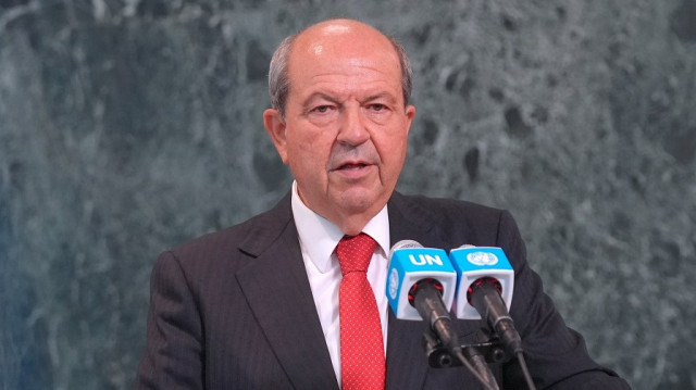 Ersin Tatar, President of the Turkish Republic of Northern Cyprus (TRNC) briefs UN reporters after the informal meeting on Cyprus at UN Headquarters on July 17, 2025, in New York City, United States.