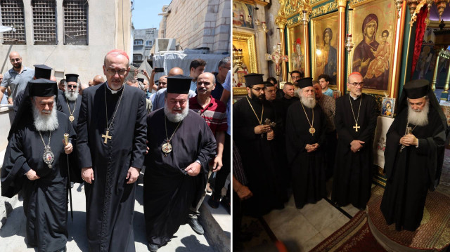 Kudüs Rum Ortodoks Kilisesi Patriği ve Katolik din adamı Kudüs Latin Patriği İsrail'in hedef aldığı Gazze'deki Kutsal Aile Kilisesi'ni ziyaret etti.