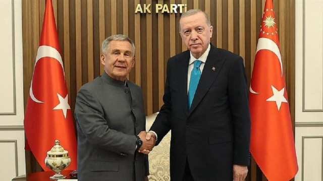 Turkish President Recep Tayyip Erdogan (R) meets with Tatarstan's head of state Rustem Minnihanov (L) at the Justice and Development (AK) Party Headquarters in July 01, 2025 in Ankara, Türkiye.