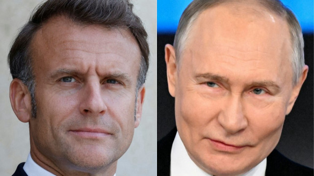 Cette combinaison d'images créées le 1er juillet 2025 montre le président français Emmanuel Macron attendant l'arrivée du président intérimaire syrien pour leur rencontre au palais présidentiel de l'Élysée à Paris le 7 mai 2025 et le président russe Vladimir Poutine tenant sa conférence de presse annuelle de fin d'année à Moscou le 19 décembre 2024.