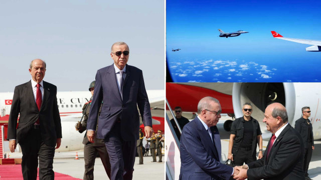 Cumhurbaşkanı Erdoğan'ın içinde bulunduğu özel uçak "TUR"a, Kuzey Kıbrıs Türk Cumhuriyeti'ne (KKTC) varışında F-16'lar eşlik etti.