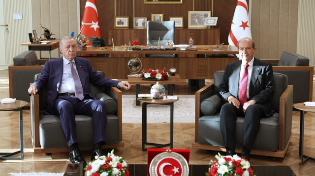 Turkish President Recep Tayyip Erdogan (L) meets with Turkish Republic of Northern Cyprus (TRNC) President Ersin Tatar (R) in Lefkosia, Turkish Republic of Northern Cyprus (TRNC), where he came to attend the Peace and Freedom Day ceremonies on the 51st anniversary of the Cyprus Peace Operation on July 20, 2025.