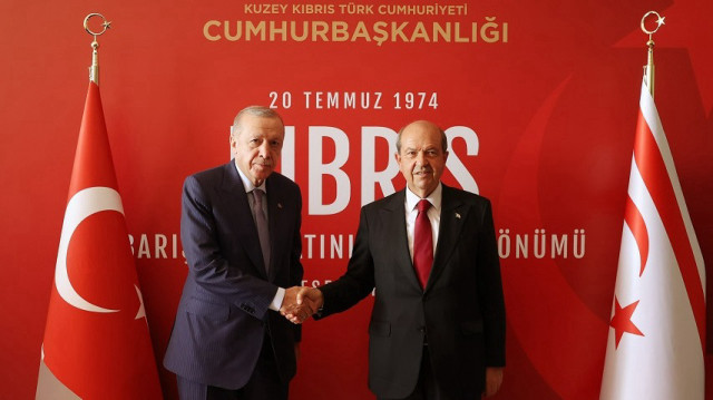 Turkish President Recep Tayyip Erdogan (L) meets with Turkish Cypriot President Ersin Tatar in Lefkosia, Turkish Republic of Northern Cyprus (TRNC) on July 20, 2025.