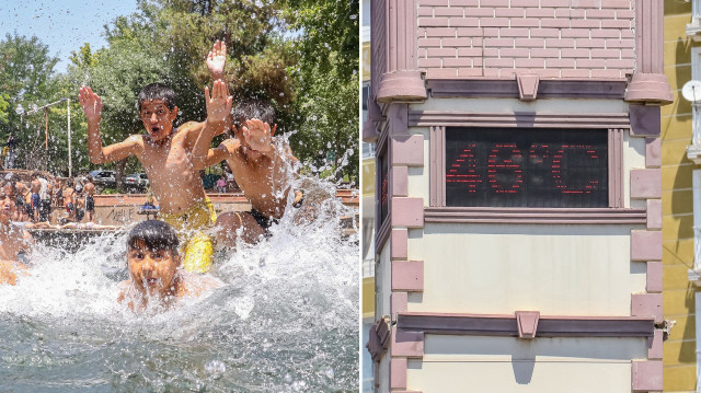 Çocuklar, Sur ilçesindeki tarihi Anzele Parkı'nın süs havuzuna akın etti.