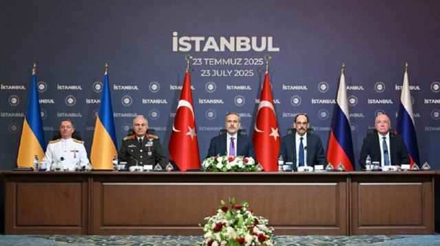 Turkish Foreign Minister Hakan Fidan (C) chairs the third round of renewed Russia-Ukraine talks hosted by Turkiye and National Intelligence Organization (MIT) Chief Ibrahim Kalin and Chief of General Staff General Metin Gurak also attended the talks at the Ciragan Palace in Istanbul, Türkiye on July 23, 2025.