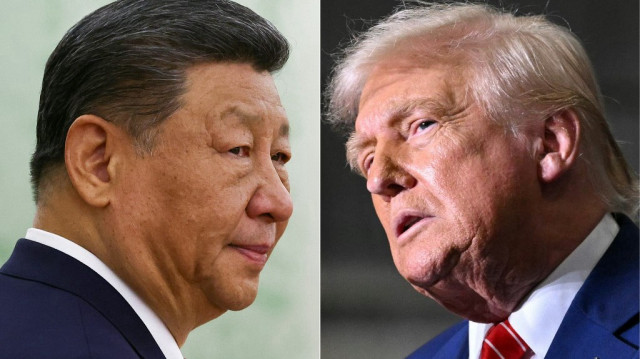 Cette combinaison d'images créée le 5 juin 2025 montre, de gauche à droite, le président chinois Xi Jinping au Kremlin à Moscou le 8 mai 2025 et le président américain Donald Trump à l'usine US Steel - Irvin Works à West Mifflin, en Pennsylvanie, le 30 mai 2025.