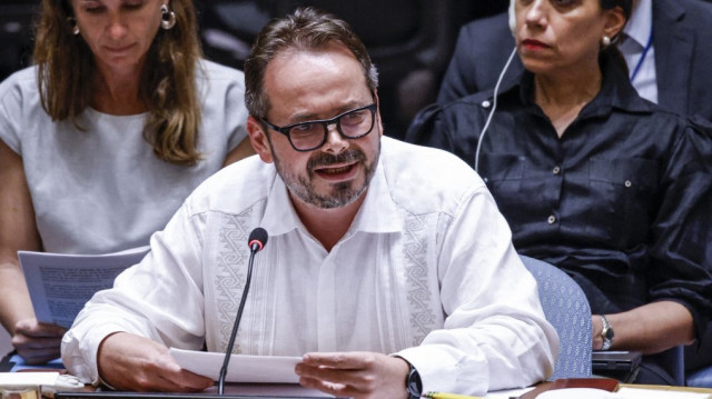 Carlos Ruiz Massieu, représentant spécial pour la Colombie et chef de la mission de vérification des Nations Unies en Colombie, s'exprime lors d'une session du Conseil de sécurité de l'ONU sur les progrès du processus de paix colombien au siège de l'ONU à New York, le 11 juillet 2024.