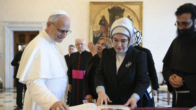 First lady Emine Erdoğan and Pope Leo XIV speak during their meeting at the Apostolic Palace, Vatican City, July 2, 2025. (AA)