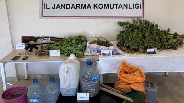 Yapılan aramada 500 gram esrar, 50 kök skunk bitkisi, 50 kök kenevir bitkisi, 1 ruhsatsız tabanca, tabancaya ait 10 fişek ve 1 ruhsatsız av tüfeği ele geçirdi.