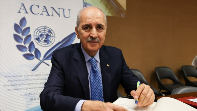 Turkish Grand National Assembly Speaker, Numan Kurtulmus meets with journalists from the Association of Press Members Accredited to the United Nations Office (ACANU) in Geneva, Switzerland on July 31, 2025.