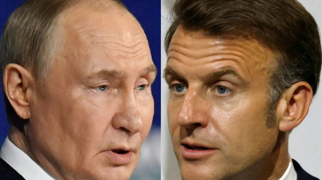 Cette combinaison d'images créées le 1er juillet 2025 montre le président russe Vladimir Poutine prononçant un discours lors de la session plénière du Forum économique international de Saint-Pétersbourg (SPIEF) à Saint-Pétersbourg le 20 juin 2025, et le président français Emmanuel Macron prononçant un discours lors d'une réception pour les membres de la communauté française à l'École française internationale (IFS) à Singapour le 30 mai 2025.