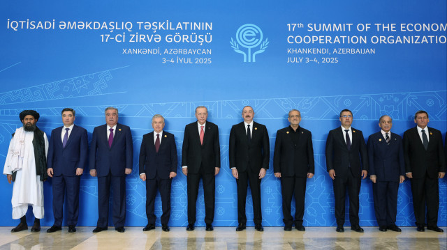 Turkish President Recep Tayyip Erdogan (5th L) pose for a family photo as he attends the 17th Summit of the Economic Cooperation Organization in Khankendi, Azerbaijan on July 4, 2025. President of Azerbaijan Ilham Aliyev (6th R), President of Iran Masoud Pezeshkian (5th R), President of Uzbekistan Shavkat Mirziyoyev (4th L), President of Kyrgyzstan Sadyr Japarov (4th R), President of Tajikistan Imamali Rahman (3rd L), Prime Minister of Pakistan Shahbaz Sharif (3rd R), President of TRNC Ersin Tatar (R), Prime Minister of Kazakhstan Oljas Bektenov (2nd L), Deputy Prime Minister of the interim government of Afghanistan Mullah Abdulgani Birader (L), Deputy Prime Minister and Foreign Minister of Turkmenistan Rashid Meredov (2nd R) also attended the photo.(AA)