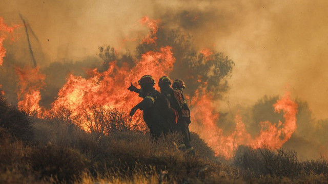 Des pompiers luttent contre un incendie de forêt qui s'est déclaré à Ierapetra, dans le sud de l'île grecque de Crète, le 3 juillet 2025. Un feu de forêt attisé par des vents violents sur l'île grecque de Crète a conduit à l'évacuation des habitants et des touristes, ont déclaré les autorités le 3 juillet 2025.