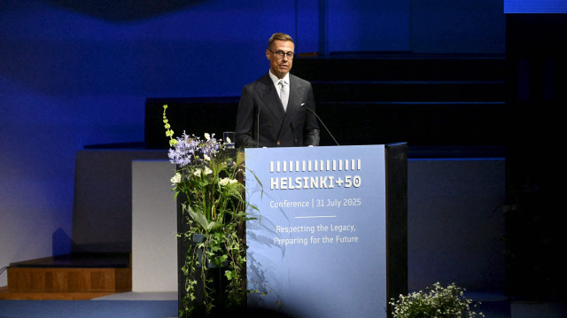 Le président finlandais Alexander Stubb prononce un discours lors de l’ouverture de la conférence Helsinki +50, marquant le 50e anniversaire de l’Acte final d’Helsinki, à Helsinki, en Finlande, le 31 juillet 2025.