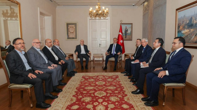 Turkish Foreign Minister Hakan Fidan (5th R) meets with Muhammad Ismail Darwish (5th L), head of Hamas Shura Council and his delegation in Istanbul, Türkiye on August 01, 2025.