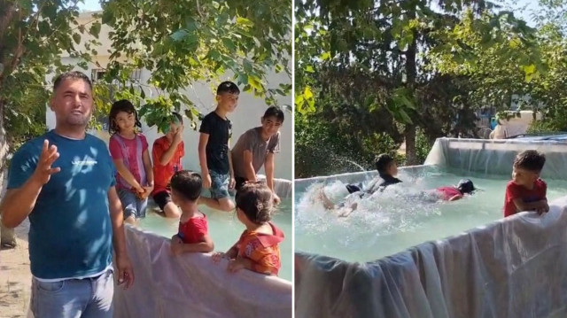 Çocuklar sıcak hava da gün boyu römork havuzda serinledi.