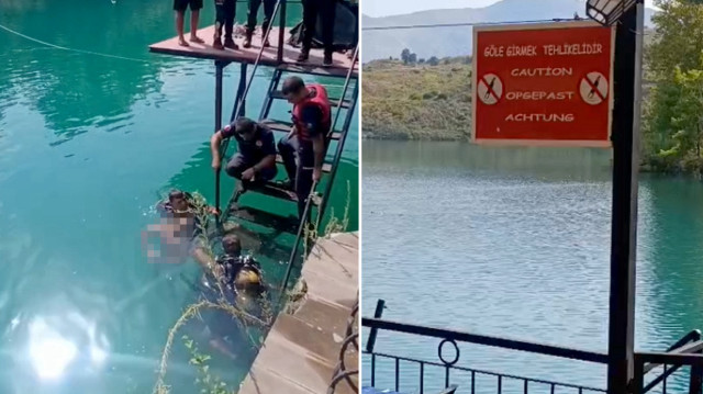 Tolga Demir'in suya girdiği noktada 'Göle girmek tehlikelidir' yazılı uyarı tabelasının bulunduğu görüldü.