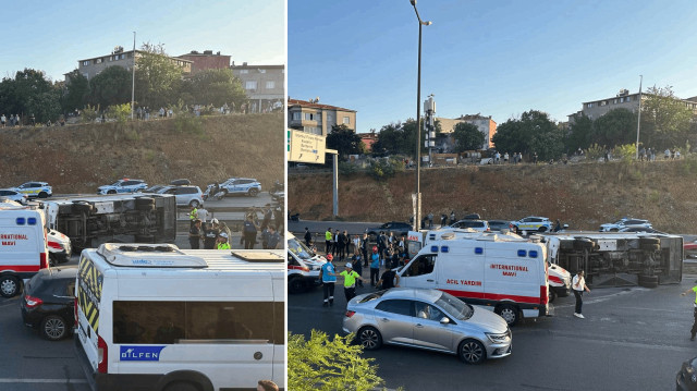 Ümraniye'de servis aracı devrildi.