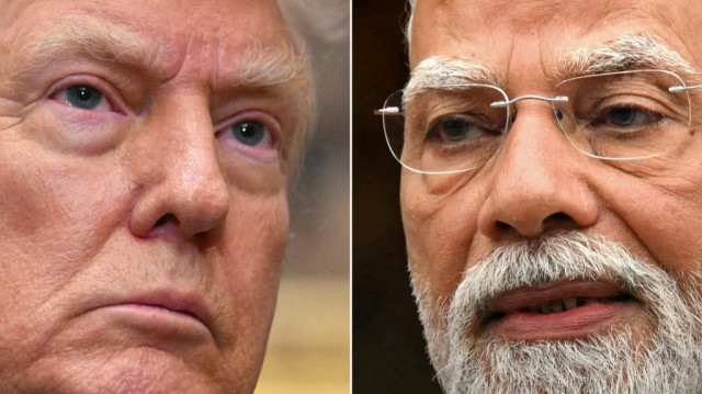 Cette combinaison d'images créée le 5 août 2025 montre, de gauche à droite, le président américain Donald Trump s'exprimant à Washington, DC, le 30 juillet 2025, et le Premier ministre indien Narendra Modi à New Delhi, le 21 juillet 2025. 