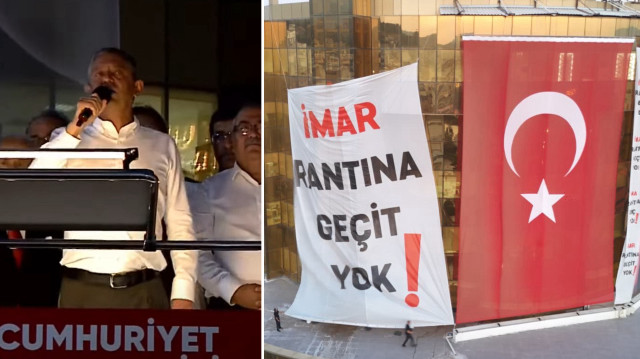 Çerçioğlu'nun belediye binasına astırdığı, CHP'deki imar rantlarına gönderme yapan pankart.