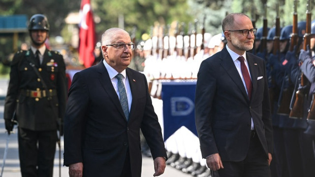 Turkish National Defense Minister Yasar Guler meets his Latvian counterpart Andris Spruds during an official ceremony in Ankara, Turkiye on August 21, 2025.