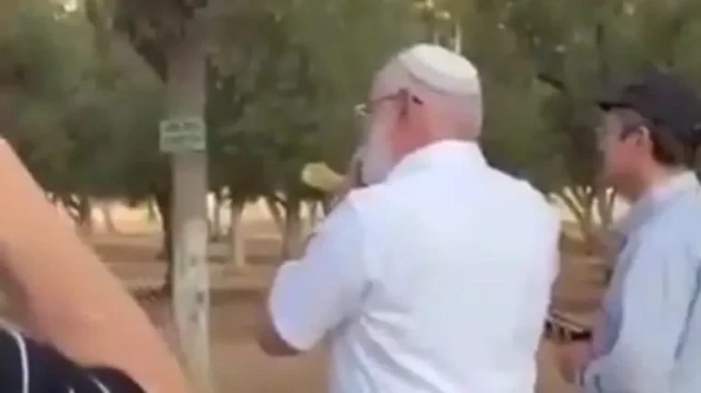 Colon juif fanatique soufflant dans le shofar, instrument religieux, à l'intérieur du complexe d'al-Aqsa, le 25 août 2025.