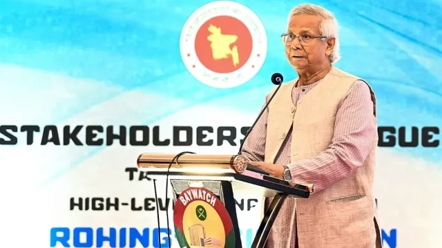 Le chef du gouvernement intérimaire du Bangladesh, Muhammad Yunus, conseiller en chef du gouvernement intérimaire du Bangladesh, s'adresse à une conférence internationale à Cox's Bazar, le 25 août.